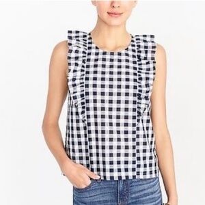 J.Crew Gingham Ruffle 100% Cotton Navy White Blouse Size 2